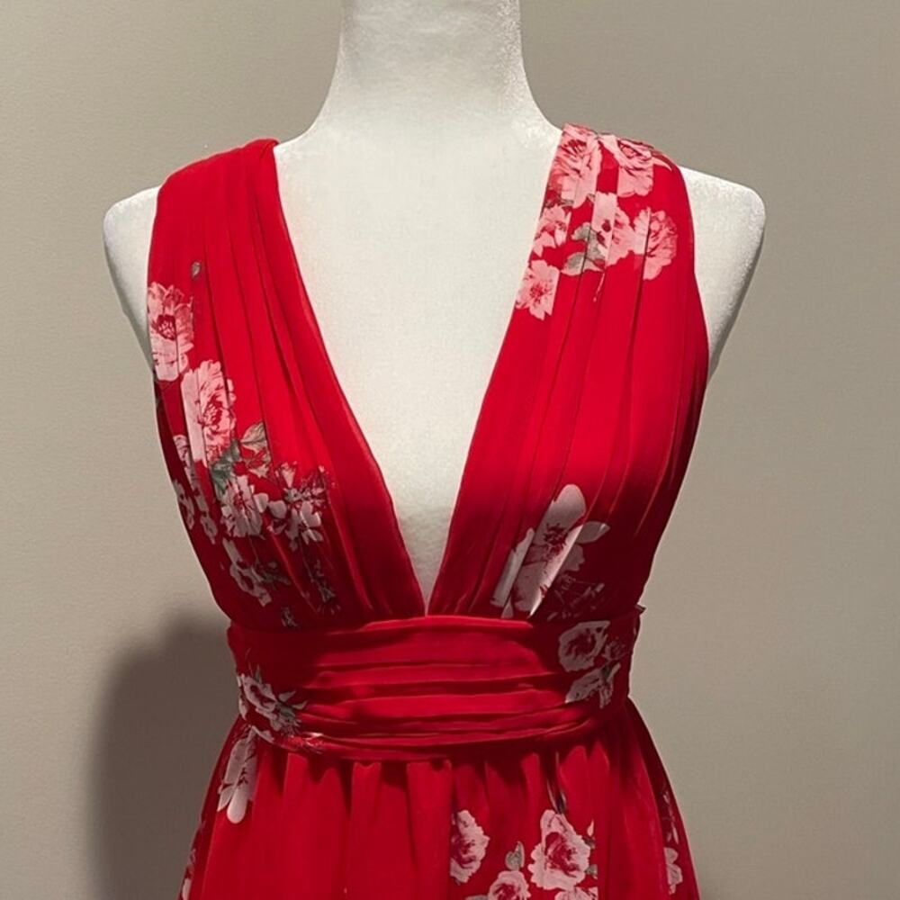 Lulus Milana Red Floral Mini Dress Sz S Ruched Plunge Neckline Flirty Party - Picture 8 of 16